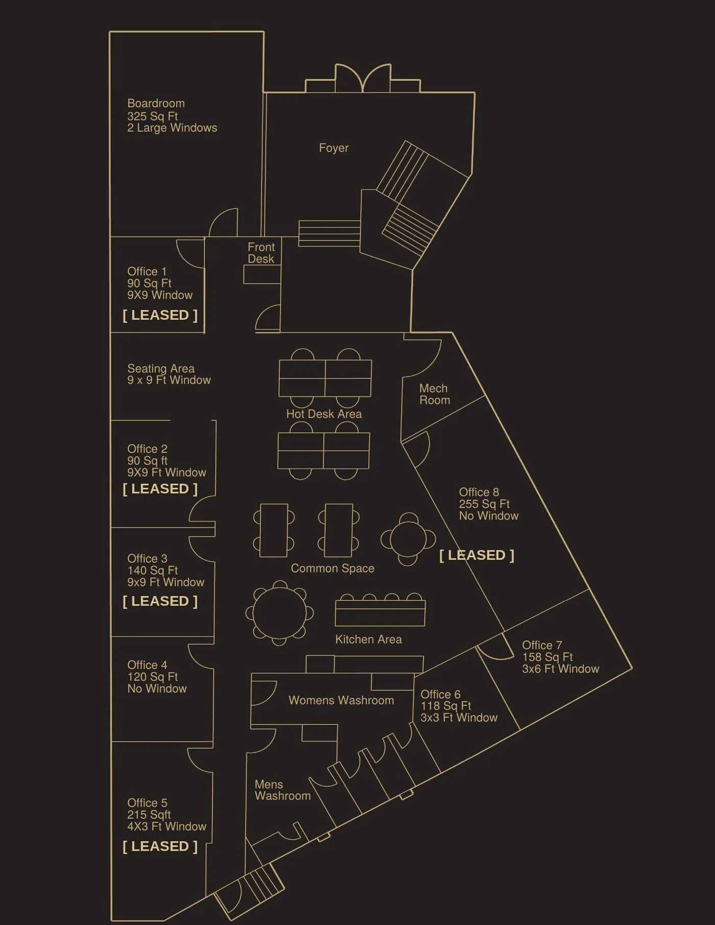 Architectural floor plan of the second floor at 100 Dundas Street East, Paris, Ontario. Shows 8 private office suites, an open coworking area with hot desks, a 325 sq ft boardroom, kitchen, lounge, and washrooms across 3,800 square feet. Suites 4, 6, and 7 are currently available.
